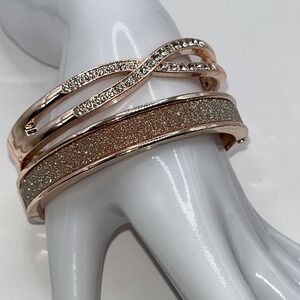 Bracelet Lot 2 Rose Gold Plated Round Glitter Bangle Rhinestone Hinged Feminine